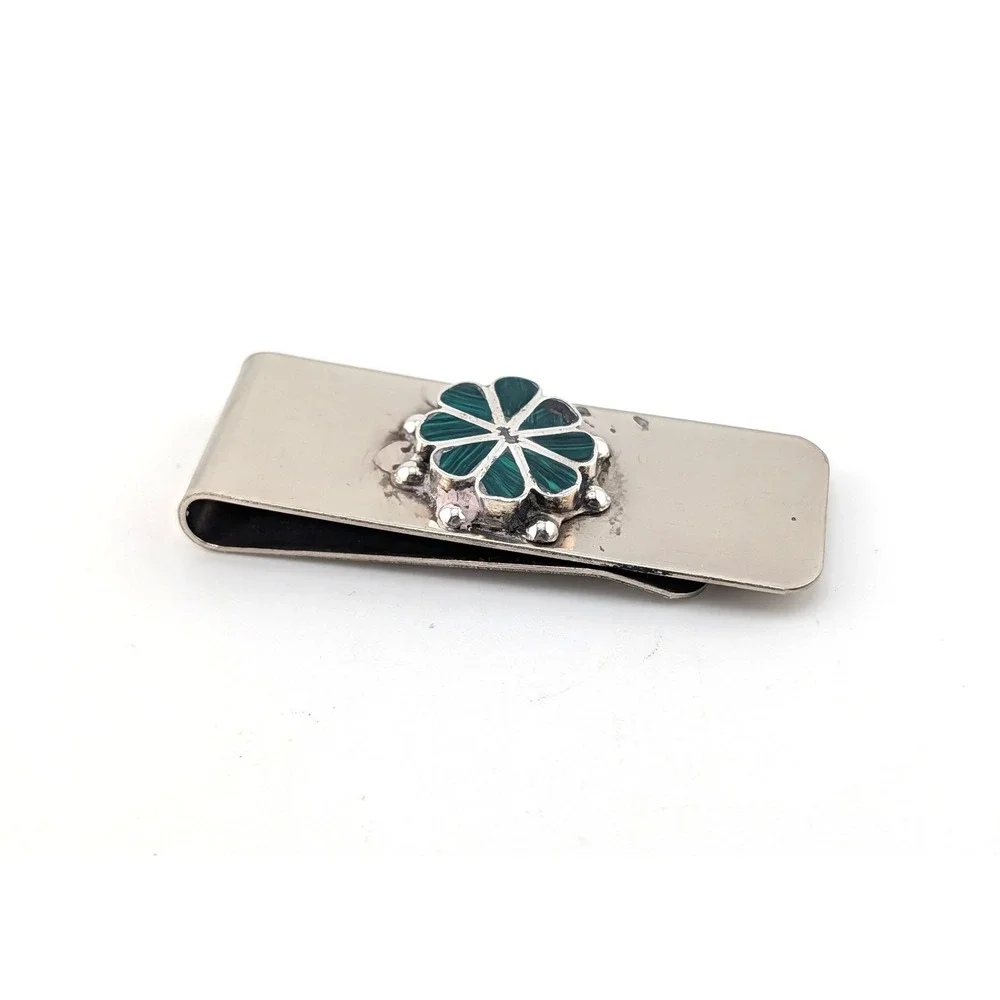 Navajo Sterling Silver Malachite Inlay Money Clip Men's Handmade Accessories **‎